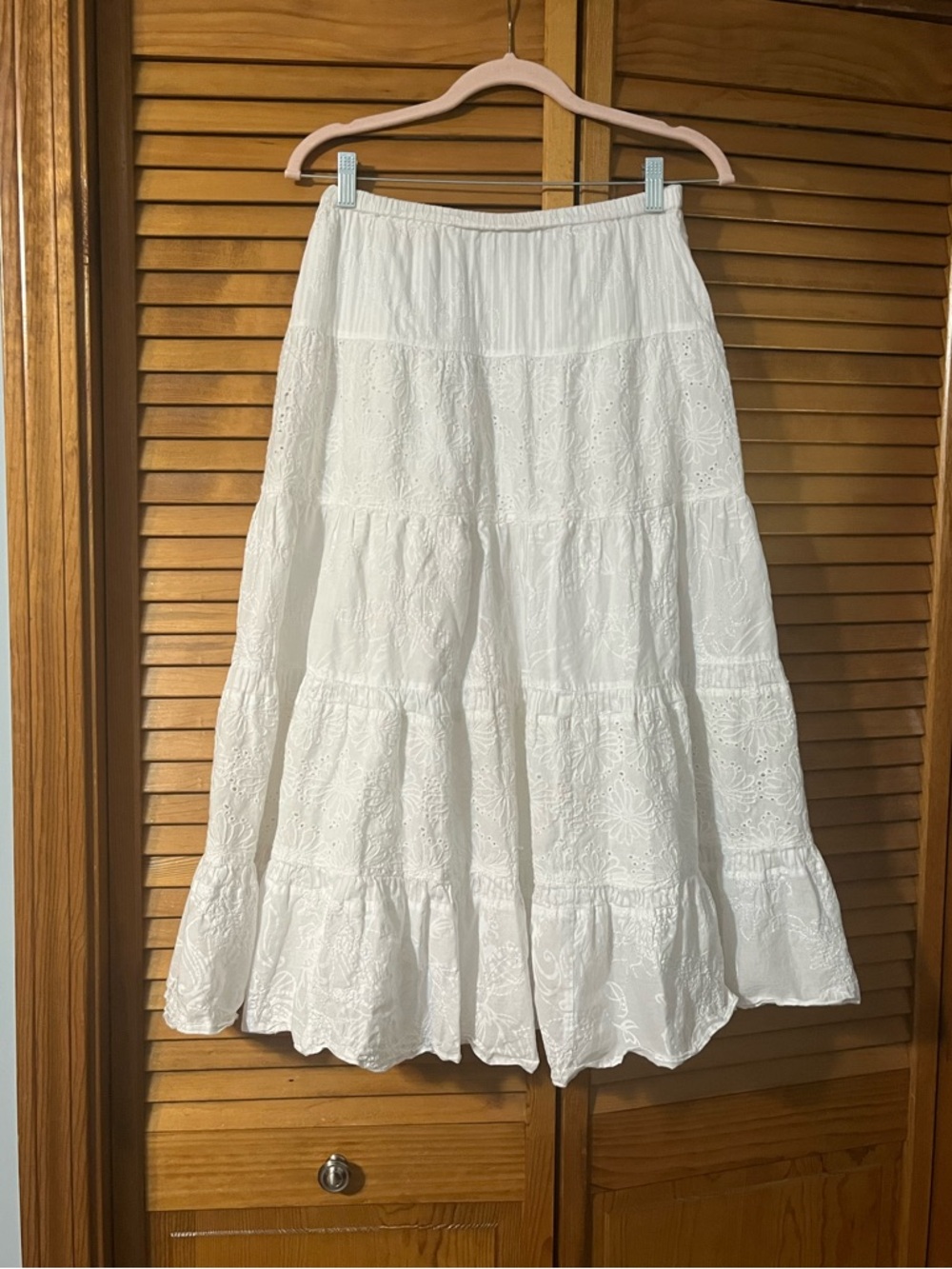 Chico’s Tiered Eyelet Embroidered Midi Skirt
